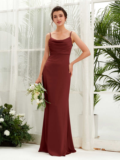 Carlyna Candice Sheath Burgundy Satin Bridesmaid Dress Maxi Sleeveless Cowl Neck Dress Front View #color_burgundy