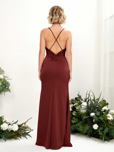 Carlyna Regina Mermaid Burgundy Satin Bridesmaid Dress Maxi Sleeveless Cowl Neck Dress Side View 2 #color_burgundy