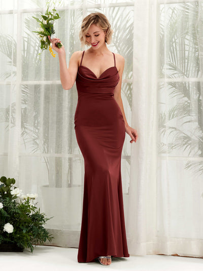 Carlyna Regina Mermaid Burgundy Satin Bridesmaid Dress Maxi Sleeveless Cowl Neck Dress Side View 4 #color_burgundy