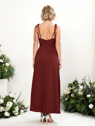 Carlyna Viola Sheath Burgundy Satin Bridesmaid Dress Midi Sleeveless Cowl Neck Dress Back View #color_burgundy