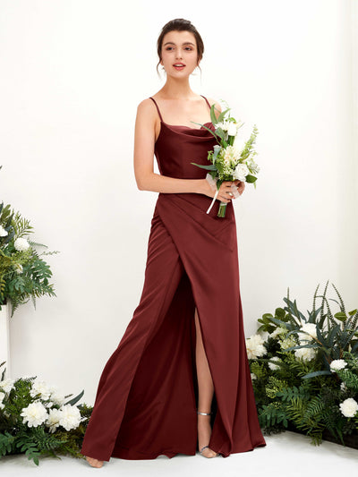 Carlyna Mavis Slim Burgundy Satin Bridesmaid Dress Maxi Sleeveless Cowl Neck Dress Front View #color_burgundy
