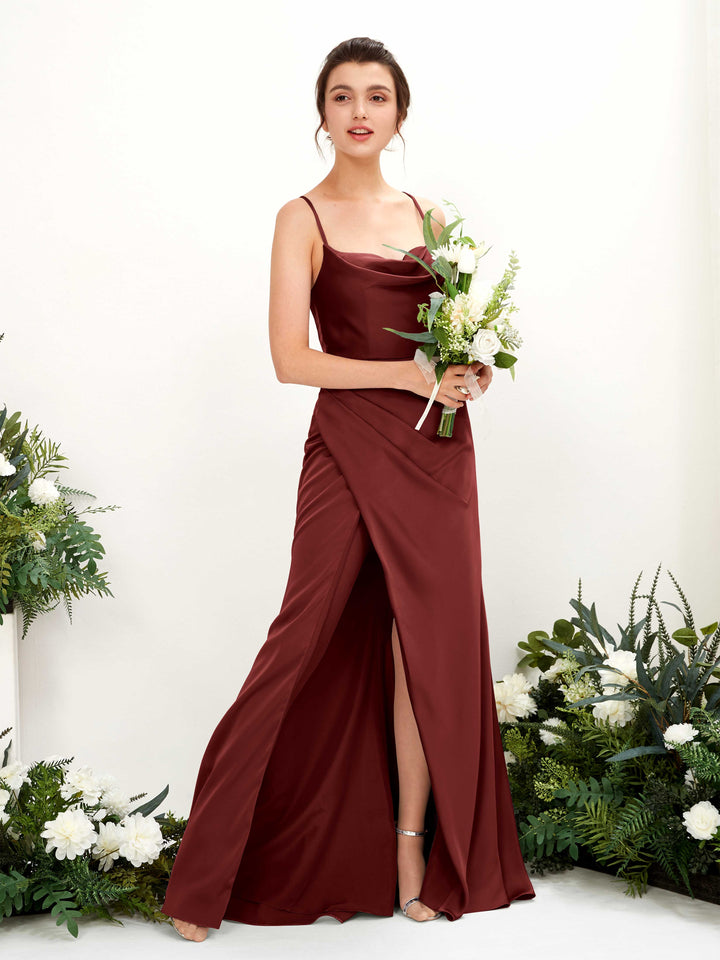 Sexy Slit Straps Sleeveless Satin Bridesmaid Dress - Burgundy (80222468)