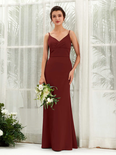 Carlyna Kama Mermaid Burgundy Satin Bridesmaid Dress Maxi Sleeveless V-Neck Dress Front View #color_burgundy