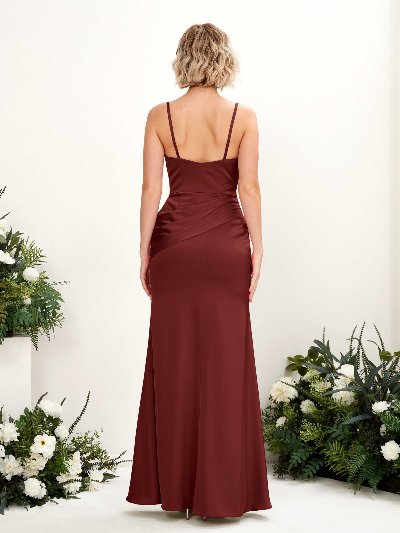 Straps V-neck Sleeveless Satin Bridesmaid Dress - Burgundy (80220868)#color_burgundy