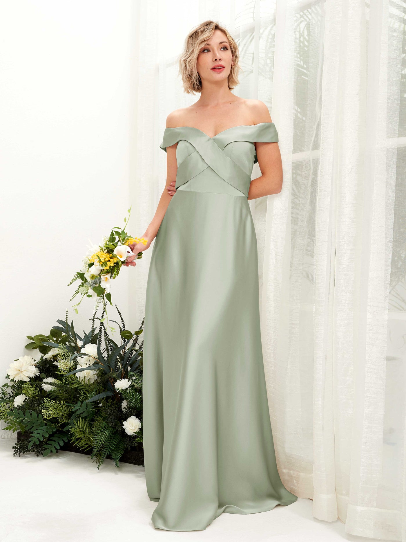 A-line Ball Gown Off Shoulder Sweetheart Satin Bridesmaid Dress - Sage Green (80224212)#color_sage-green