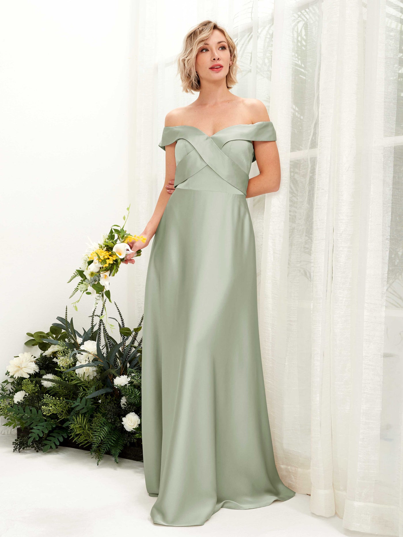 Champagne Satin Bridesmaid Dress A-Line Maxi Off-the-Shoulder