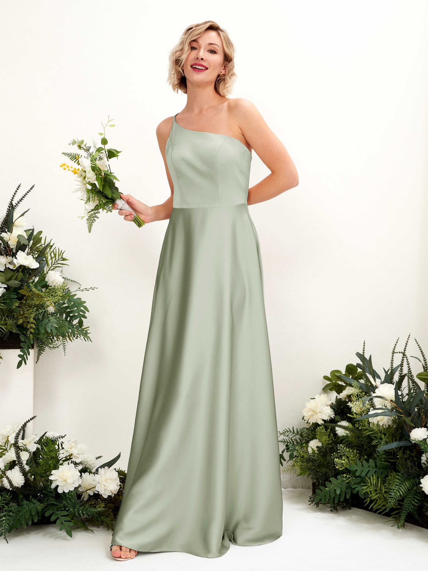 A-line Ball Gown One Shoulder Sleeveless Satin Bridesmaid Dress - Sage Green (80224712)#color_sage-green