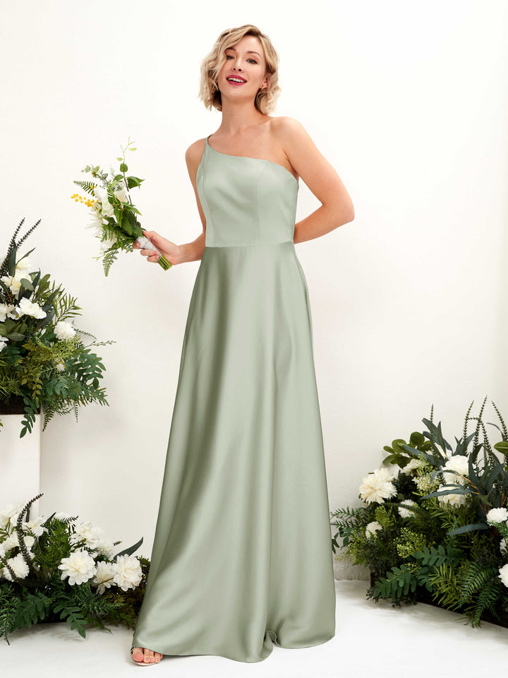 A-line Ball Gown One Shoulder Sleeveless Satin Bridesmaid Dress - Sage Green (80224712)