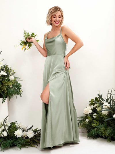 Carlyna Nydia A-Line Sage Green Satin Bridesmaid Dress Maxi Sleeveless Cowl Neck Dress Front View #color_sage-green