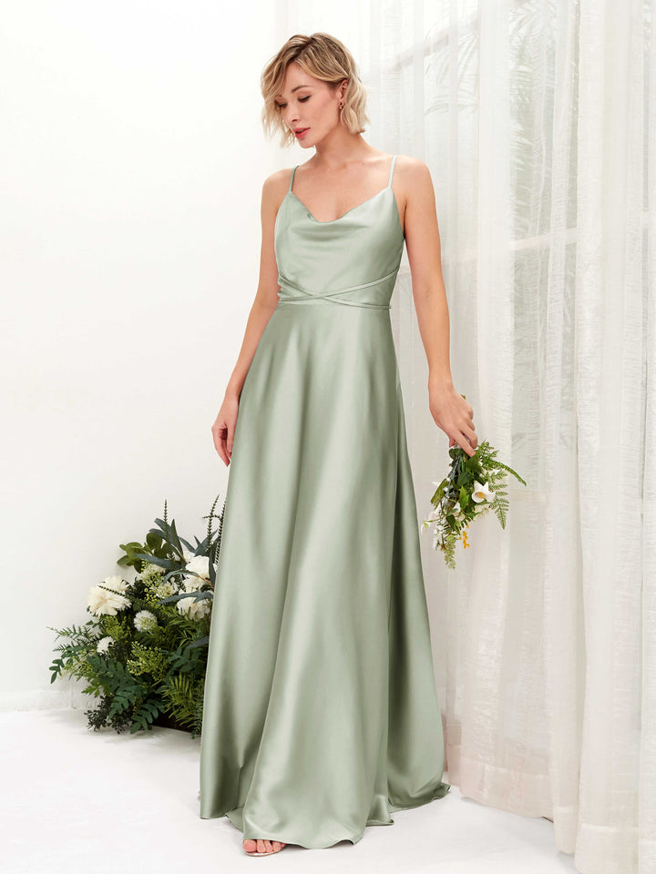 A-line Open back Straps Sleeveless Satin Bridesmaid Dress - Sage Green (80223112)