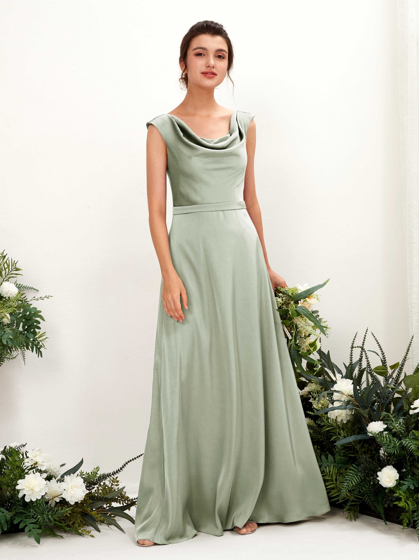 Sage Green Bridesmaid Dress Satin A-Line Cowl Neck Maxi