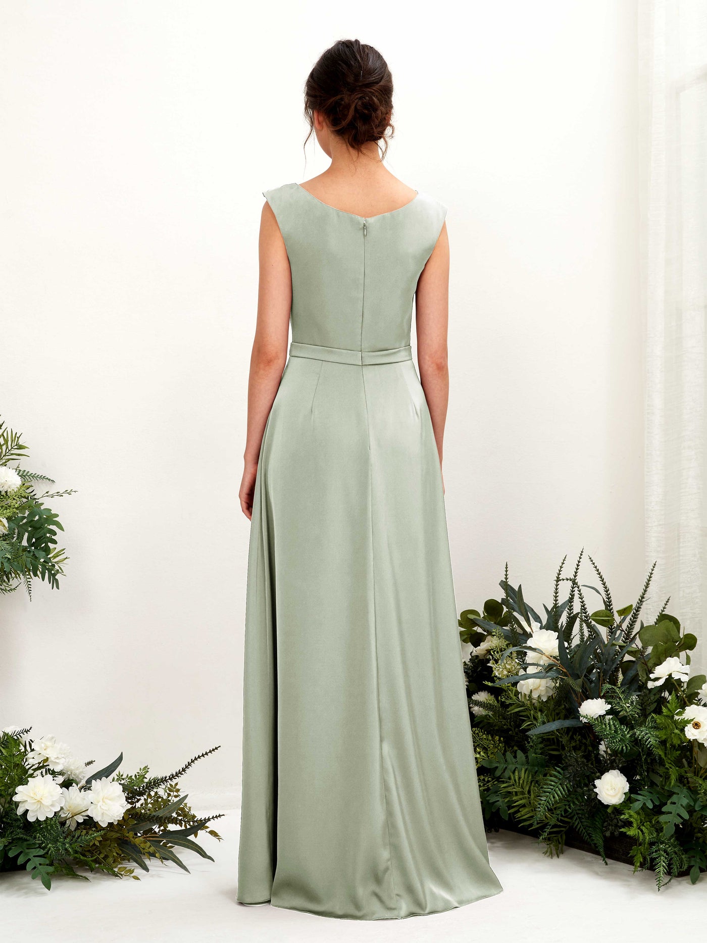 A-line Scoop Sleeveless Satin Bridesmaid Dress - Sage Green (80221212)#color_sage-green