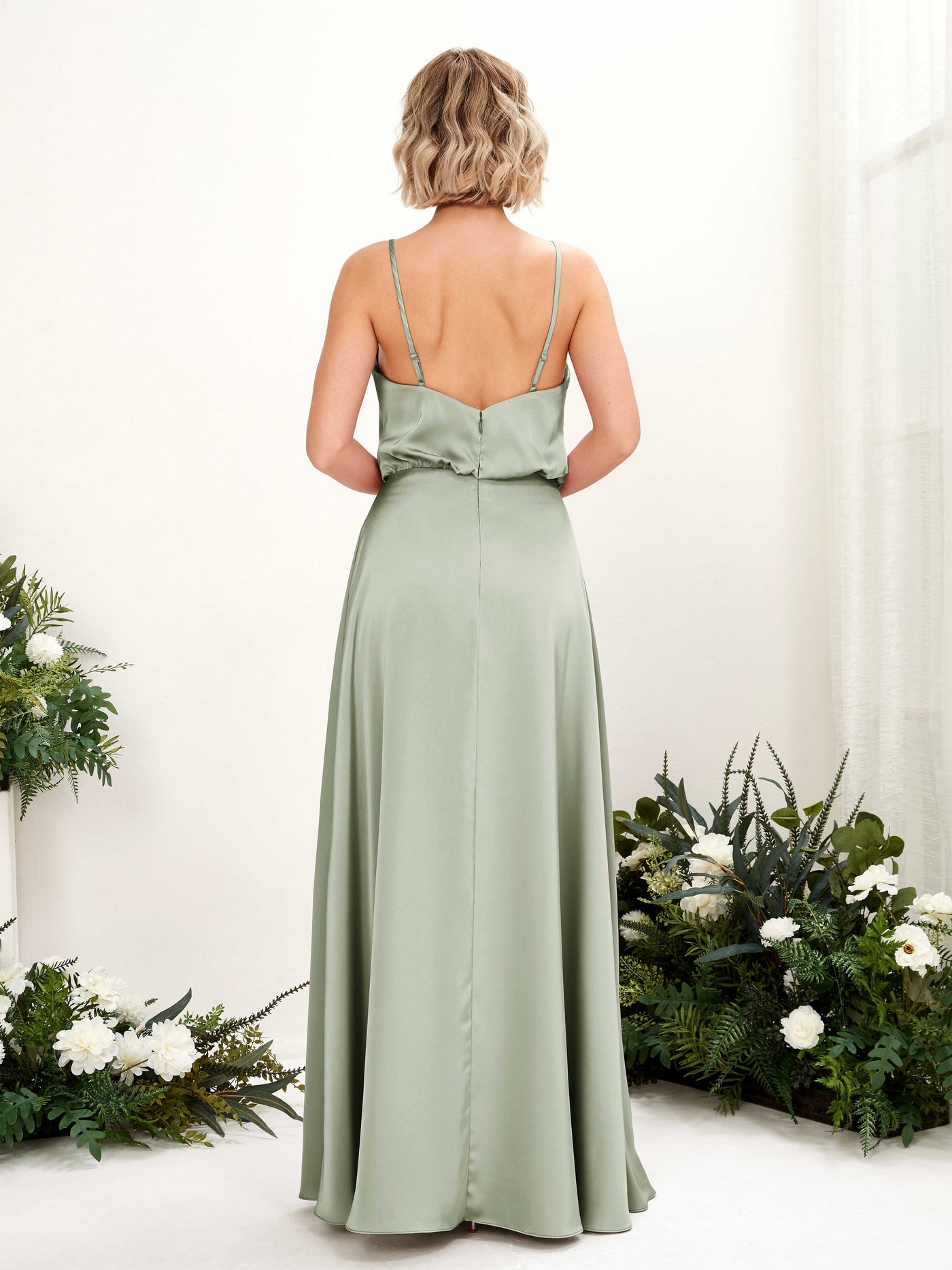 A-line Sexy Slit Spaghetti-straps V-neck Satin Bridesmaid Dress - Sage Green (80224512)#color_sage-green