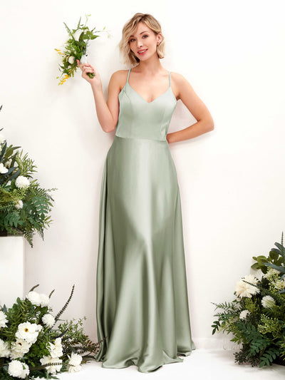 Carlyna Lenoya A-Line Sage Green Satin Bridesmaid Dress Maxi Sleeveless V-Neck Dress Front View #color_sage-green