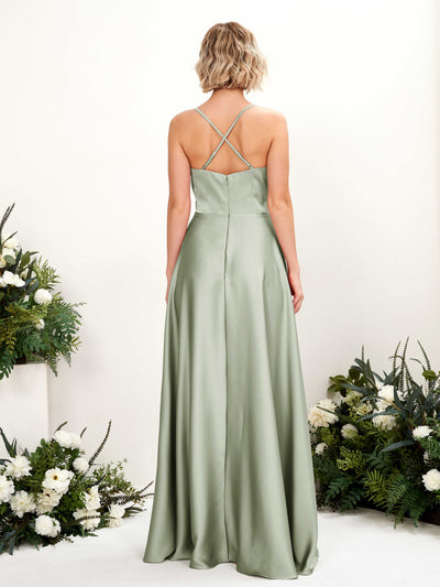 Carlyna Lenoya A-Line Sage Green Satin Bridesmaid Dress Maxi Sleeveless V-Neck Dress Back View #color_sage-green