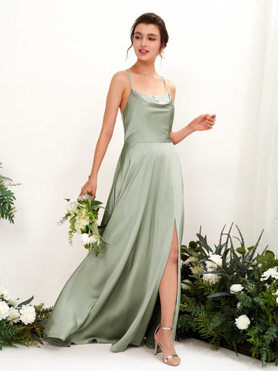 Carlyna Theresa A-Line Sage Green Satin Bridesmaid Dress Maxi Sleeveless Cowl Neck Dress Front View #color_sage-green