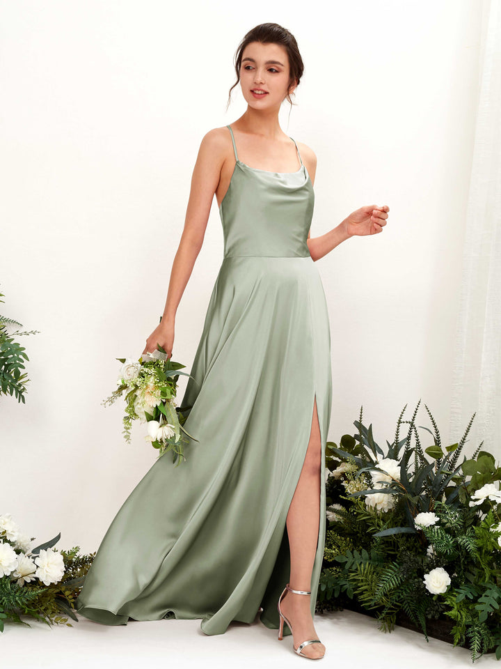 Ball Gown Sexy Slit Straps Sleeveless Satin Bridesmaid Dress - Sage Green (80221112)