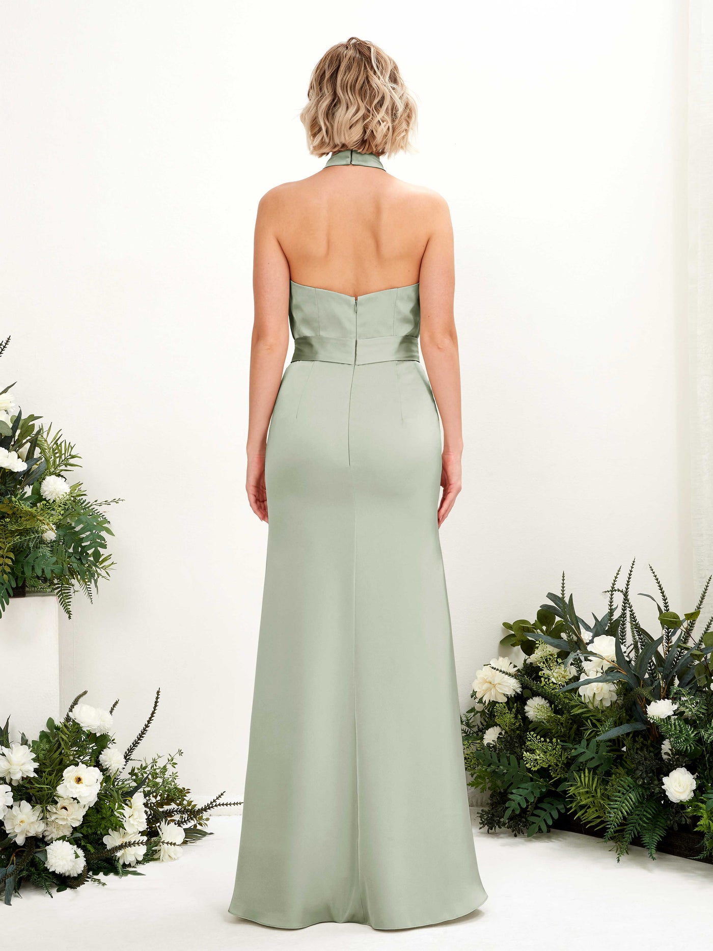Open back Sexy Slit Halter Satin Bridesmaid Dress - Sage Green (80224912)#color_sage-green