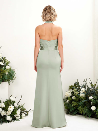 Carlyna Edwina Mermaid Sage Green Satin Bridesmaid Dress Maxi Sleeveless Halter Dress Back View #color_sage-green