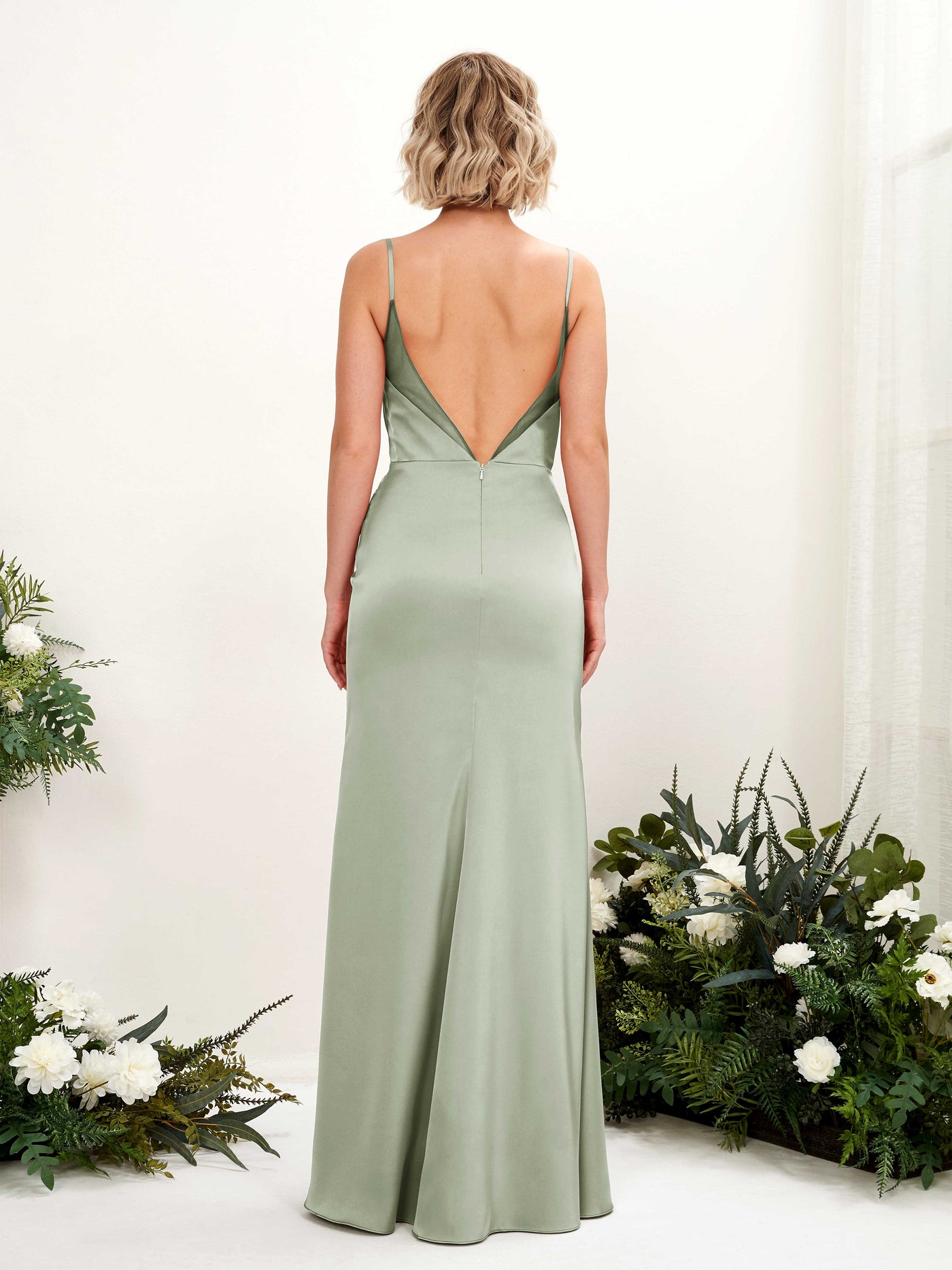 Open back Sexy Slit Spaghetti-straps Satin Bridesmaid Dress - Sage Green (80222612)#color_sage-green