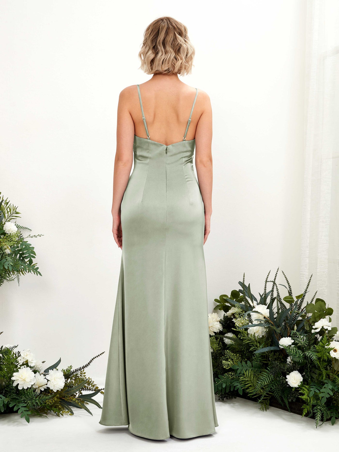 Open back Sexy Slit Straps Satin Bridesmaid Dress - Sage Green (80223012)#color_sage-green