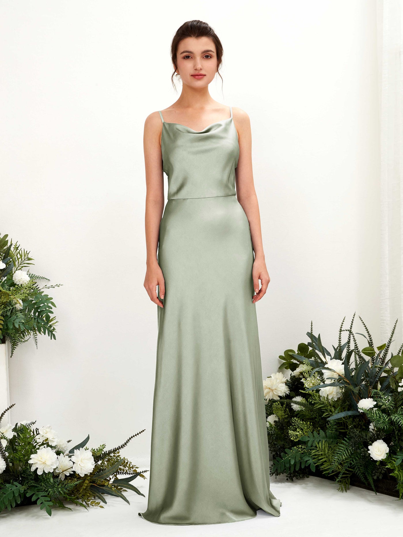 Sage Green Satin Bridesmaid Dress A-Line Maxi Cowl Neck