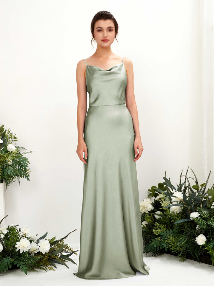 Sage Green Satin Bridesmaid Dress A-Line Maxi Cowl Neck | Carlyna Sage Green Satin Bridesmaid Dress A-Line Maxi Cowl Neck | Carlyna