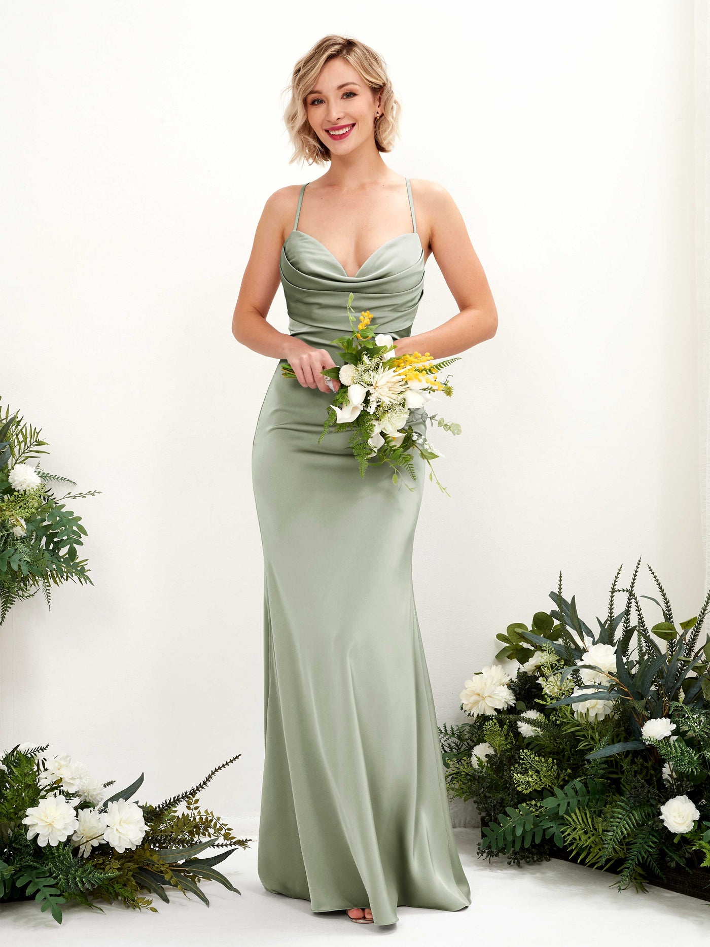 Green Olive Satin Cowl Neck Bridesmaid Dress Mermaid Floor-Length | Carlyna Green Olive Satin Cowl Neck Bridesmaid Dress Mermaid Floor-Length | Carlyna