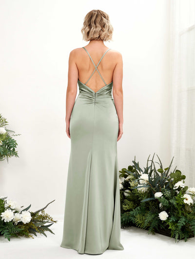 Carlyna Regina Mermaid Sage Green Satin Bridesmaid Dress Maxi Sleeveless Cowl Neck Dress Side View 2 #color_sage-green