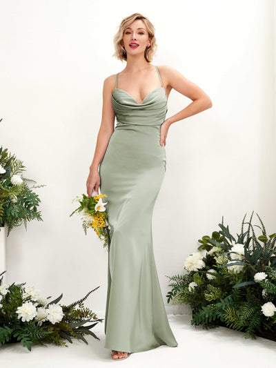 Carlyna Regina Mermaid Sage Green Satin Bridesmaid Dress Maxi Sleeveless Cowl Neck Dress Side View 3 #color_sage-green