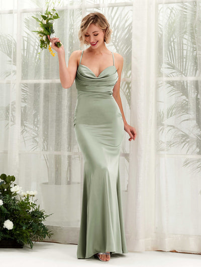 Carlyna Regina Mermaid Sage Green Satin Bridesmaid Dress Maxi Sleeveless Cowl Neck Dress Side View 4 #color_sage-green