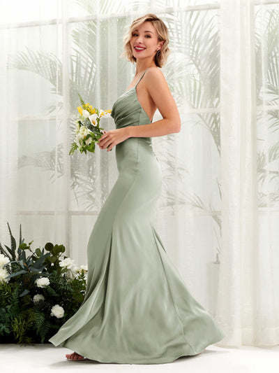 Carlyna Regina Mermaid Sage Green Satin Bridesmaid Dress Maxi Sleeveless Cowl Neck Dress Side View 5 #color_sage-green