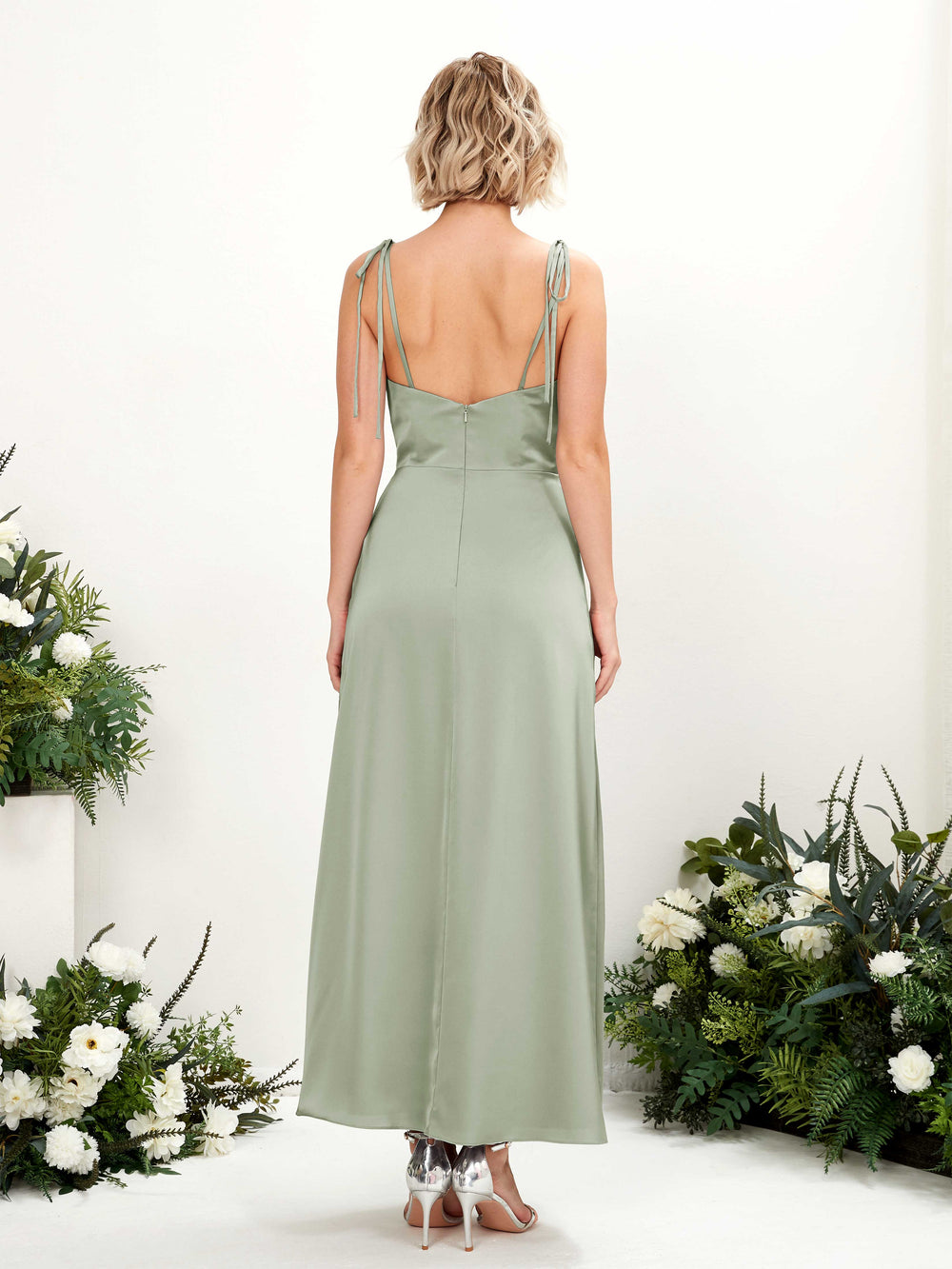 sage green bridesmaid dresses satin under $60 Long Sage Green V Neck Satin Empire Dress – Lisposa main image 1