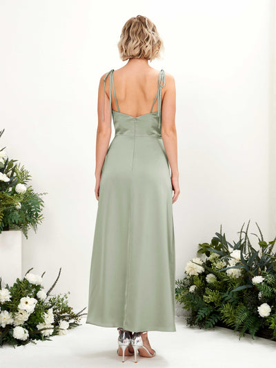 Carlyna Viola Sheath Sage Green Satin Bridesmaid Dress Midi Sleeveless Cowl Neck Dress Back View #color_sage-green
