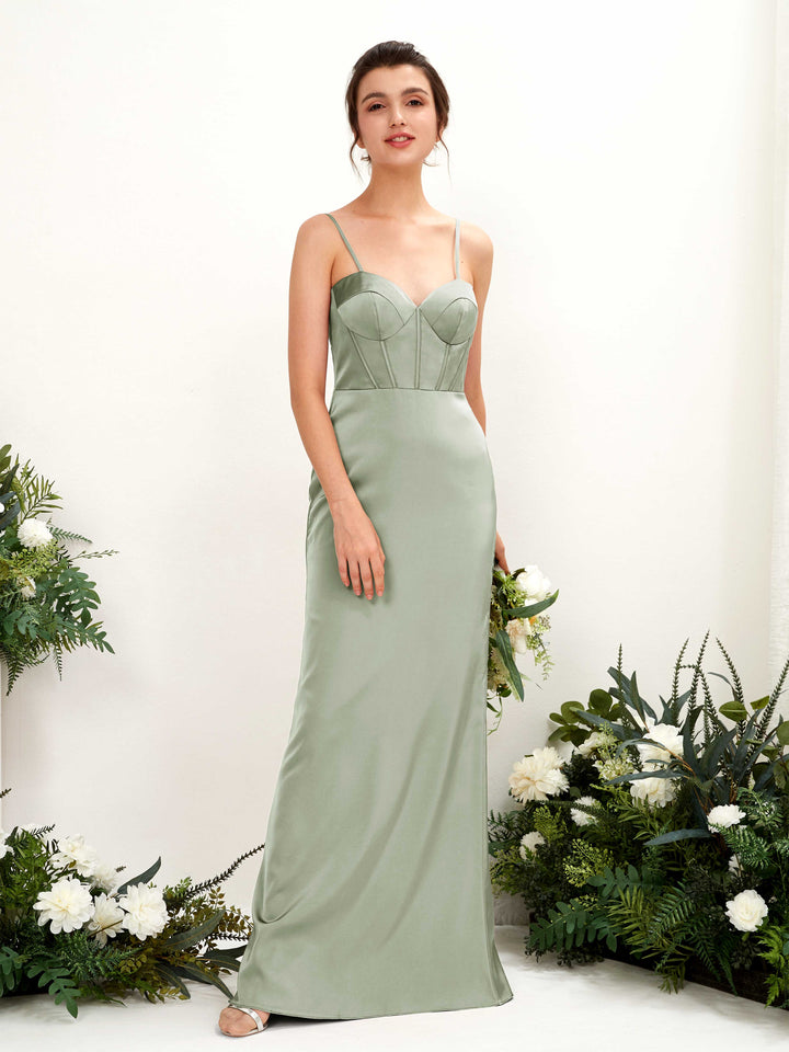 Spaghetti-straps Sweetheart Sleeveless Satin Bridesmaid Dress - Sage Green (80221512)