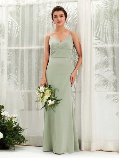 Carlyna Kama Mermaid Sage Green Satin Bridesmaid Dress Maxi Sleeveless V-Neck Dress Front View #color_sage-green