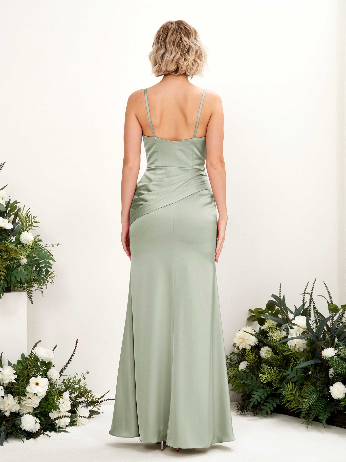 Straps V-neck Sleeveless Satin Bridesmaid Dress - Sage Green (80220812)#color_sage-green