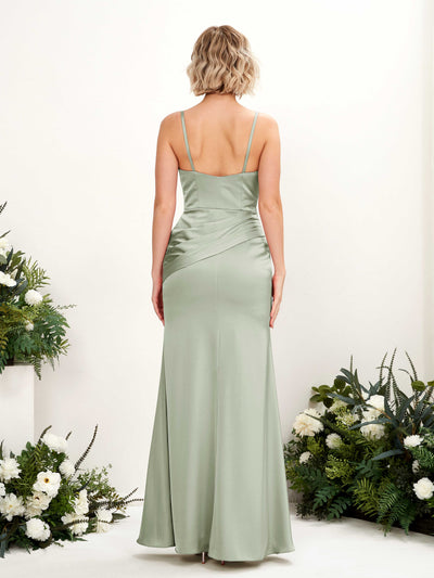 Carlyna Shirley Mermaid Sage Green Satin Bridesmaid Dress Maxi Sleeveless V-Neck Dress Back View #color_sage-green