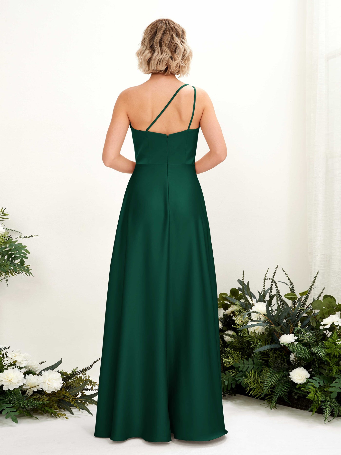 A-line Ball Gown One Shoulder Sleeveless Satin Bridesmaid Dress - Hunter Green (80224729)#color_hunter-green