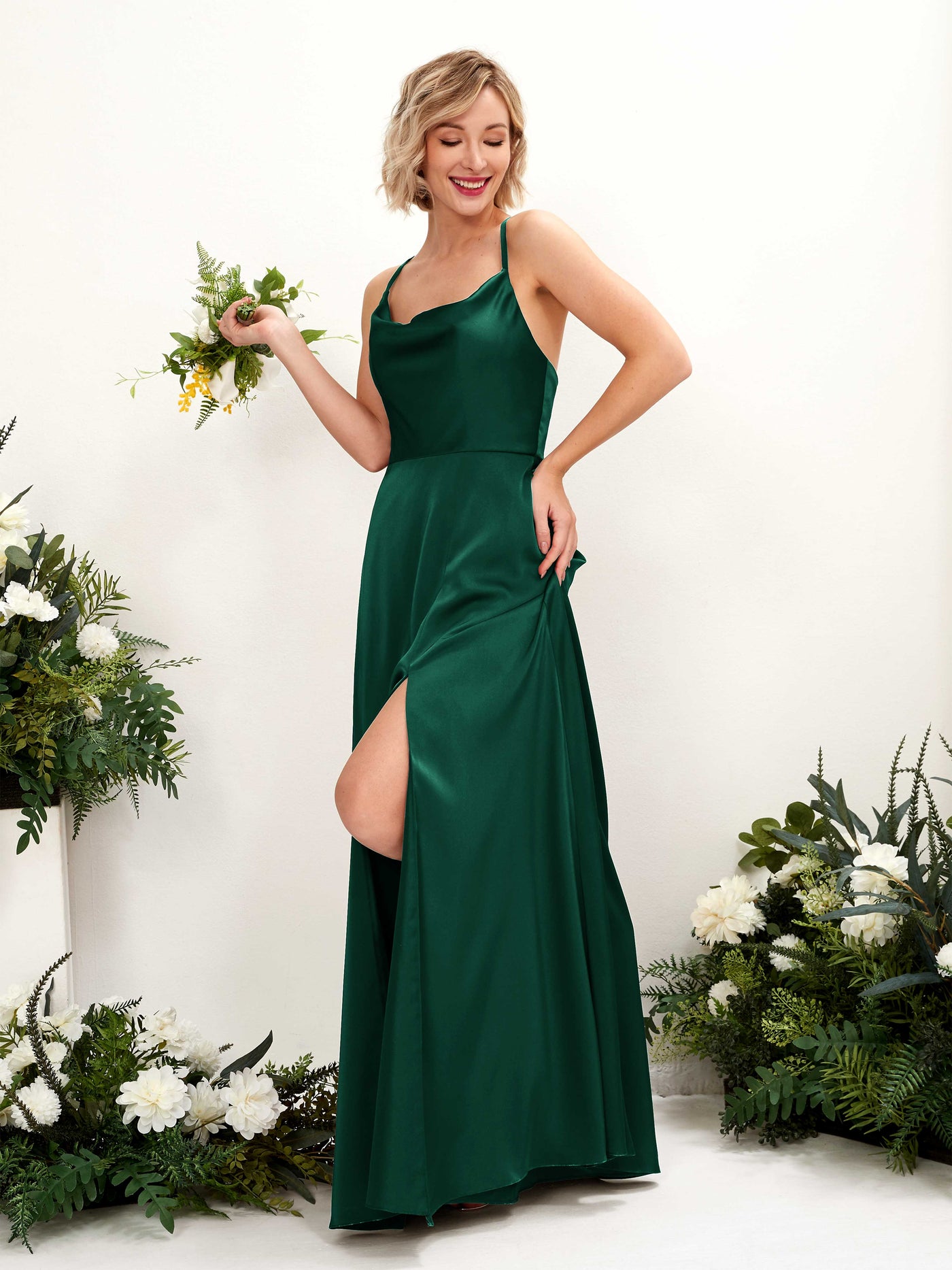 A-line Ball Gown Sexy Slit Straps Satin Bridesmaid Dress - Hunter Green (80222229)#color_hunter-green