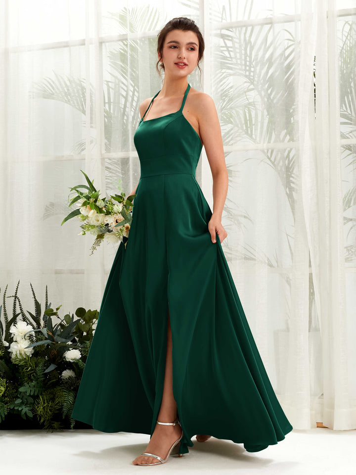 A-line Open back Sexy Slit Halter Bridesmaid Dress - Hunter Green (80223929)