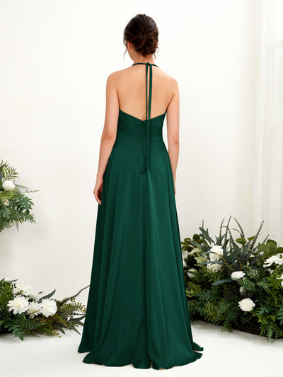 Carlyna Jocelyn A-Line Hunter Green Satin Bridesmaid Dress Maxi Sleeveless Halter Dress Back View #color_hunter-green