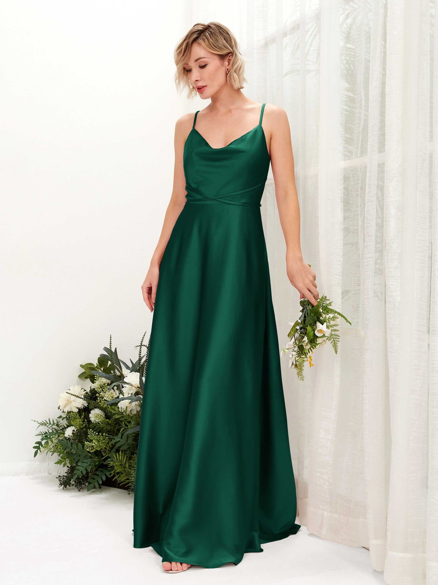 A-line Open back Straps Sleeveless Satin Bridesmaid Dress - Hunter Green (80223129)#color_hunter-green