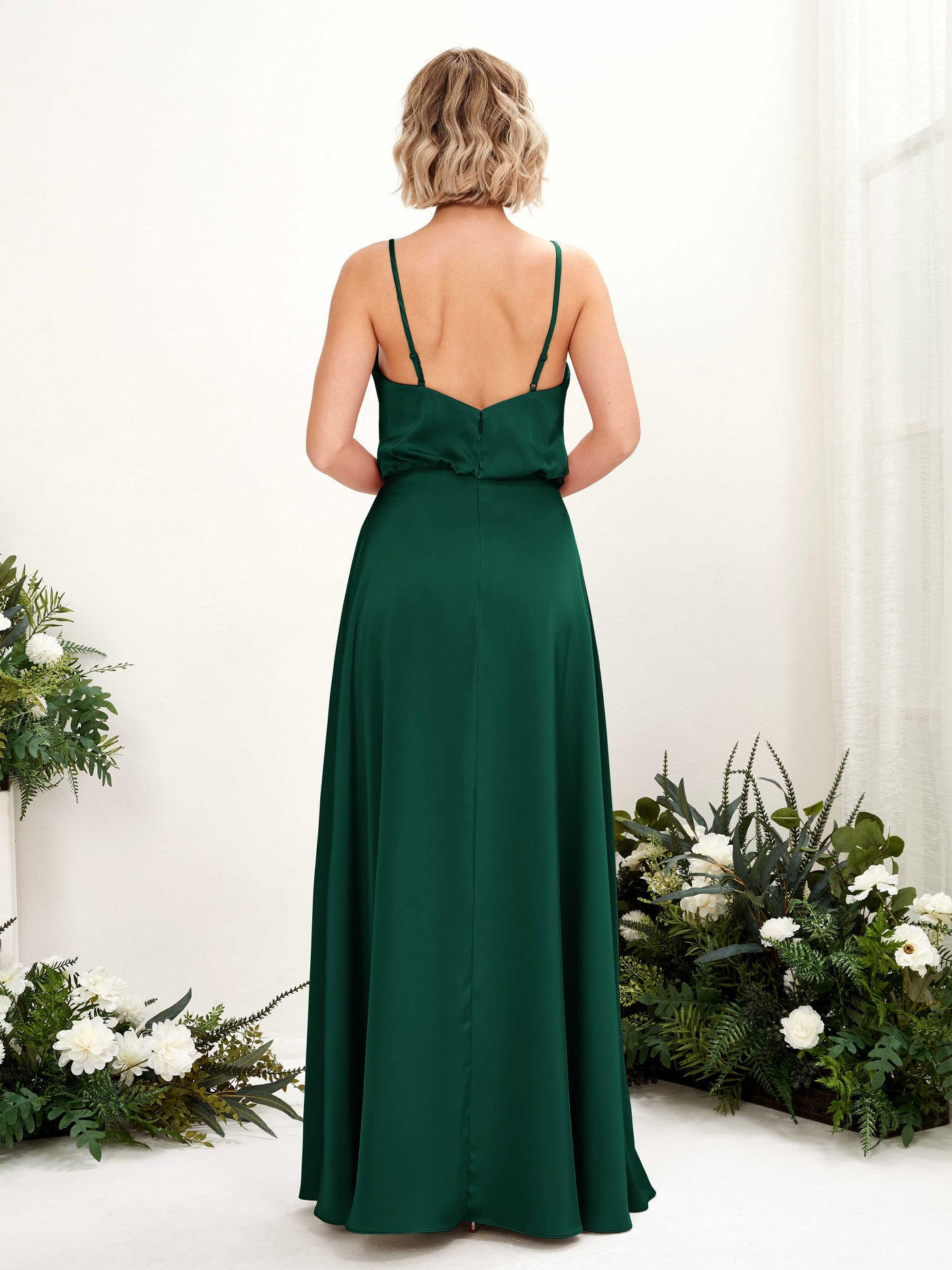 A-line Sexy Slit Spaghetti-straps V-neck Satin Bridesmaid Dress - Hunter Green (80224529)#color_hunter-green