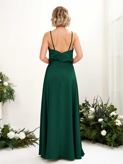 Carlyna Nora A-Line Hunter Green Satin Bridesmaid Dress Maxi Sleeveless V-Neck Dress Back View #color_hunter-green