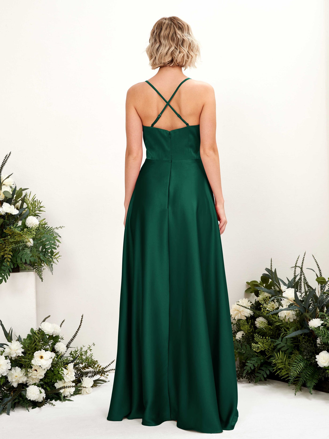 A-line Straps V-neck Satin Bridesmaid Dress - Hunter Green (80224829)#color_hunter-green