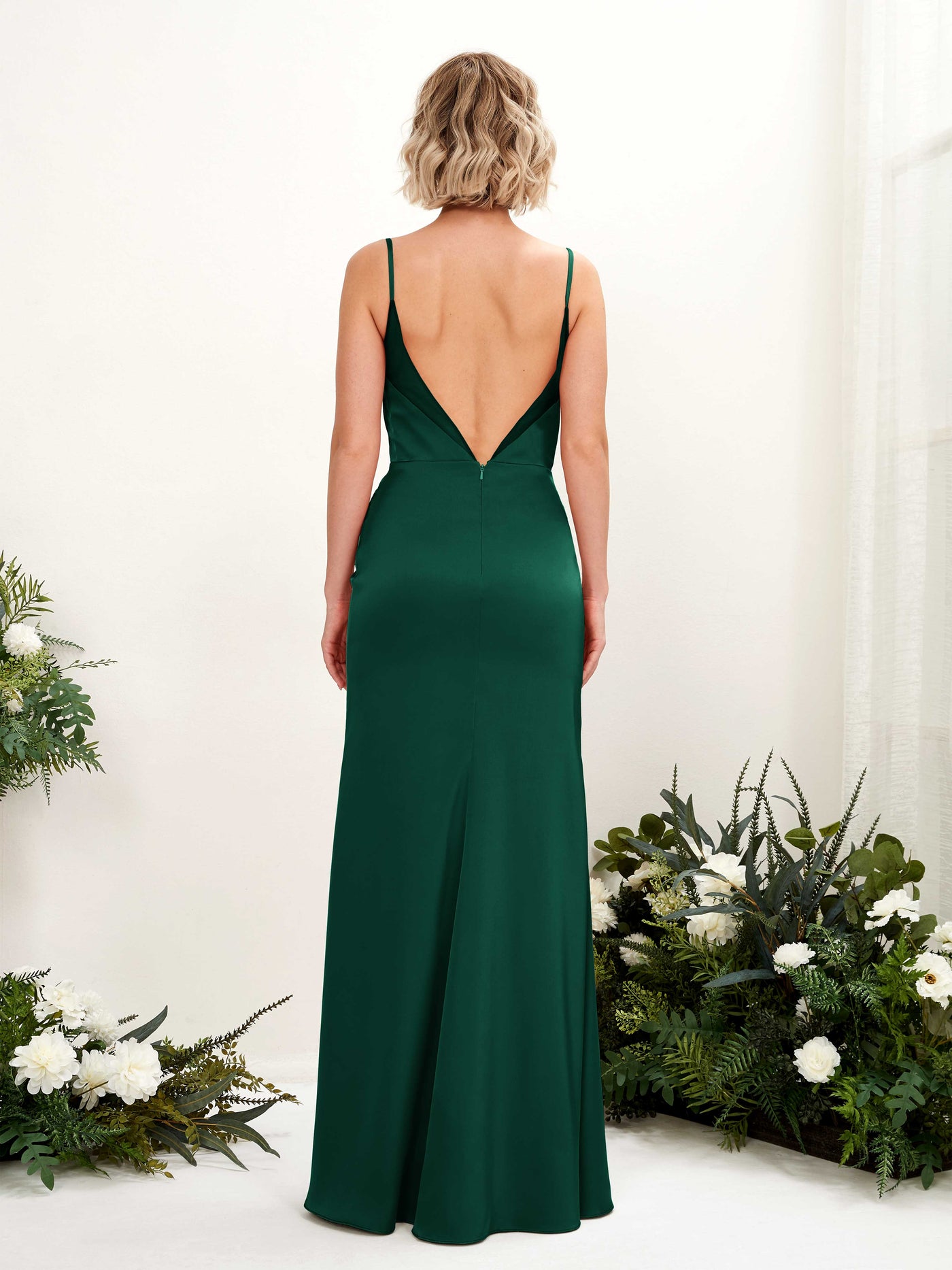Open back Sexy Slit Spaghetti-straps Satin Bridesmaid Dress - Hunter Green (80222629)#color_hunter-green