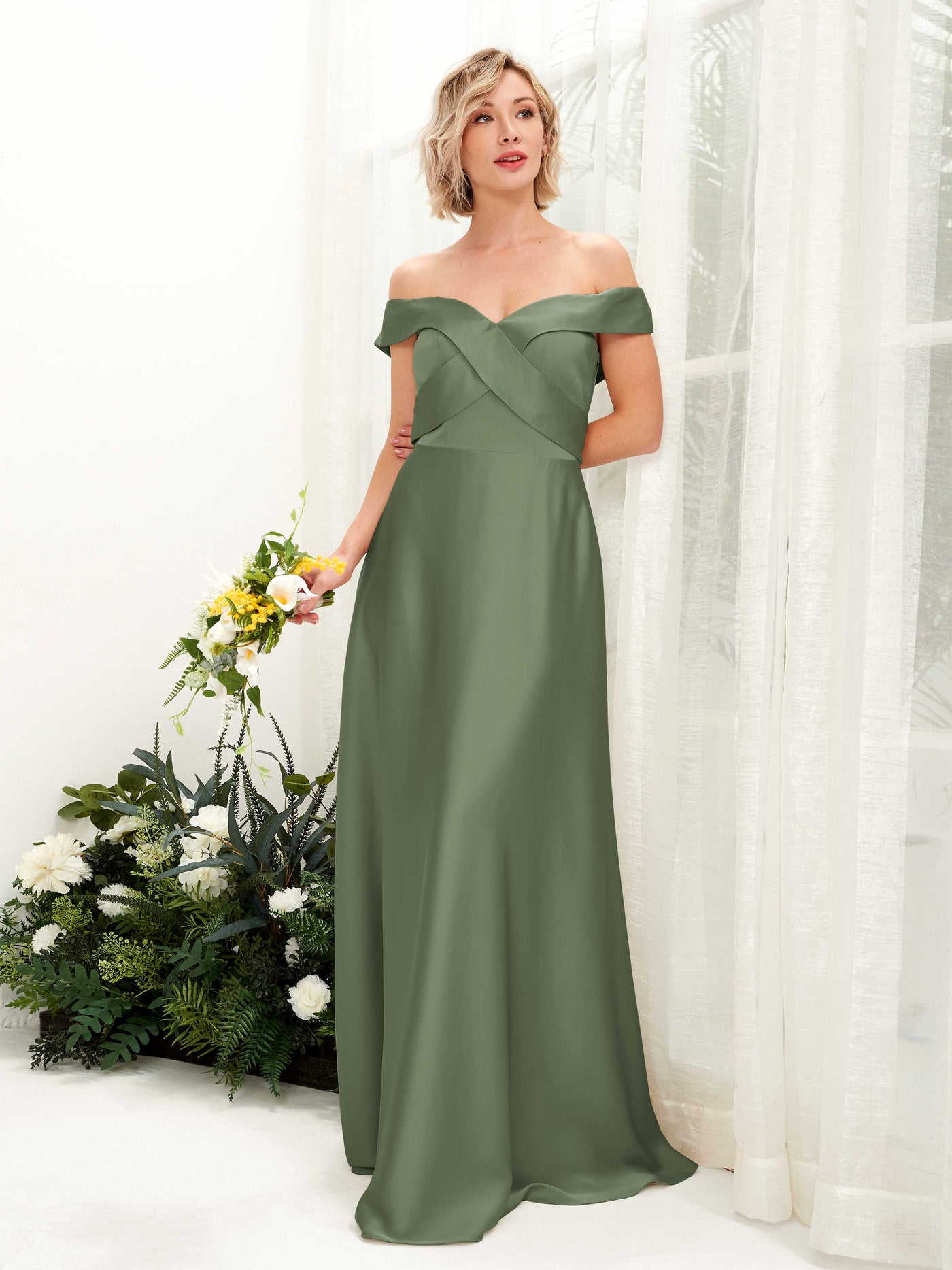 A-line Ball Gown Off Shoulder Sweetheart Satin Bridesmaid Dress - Green Olive (80224270)#color_green-olive