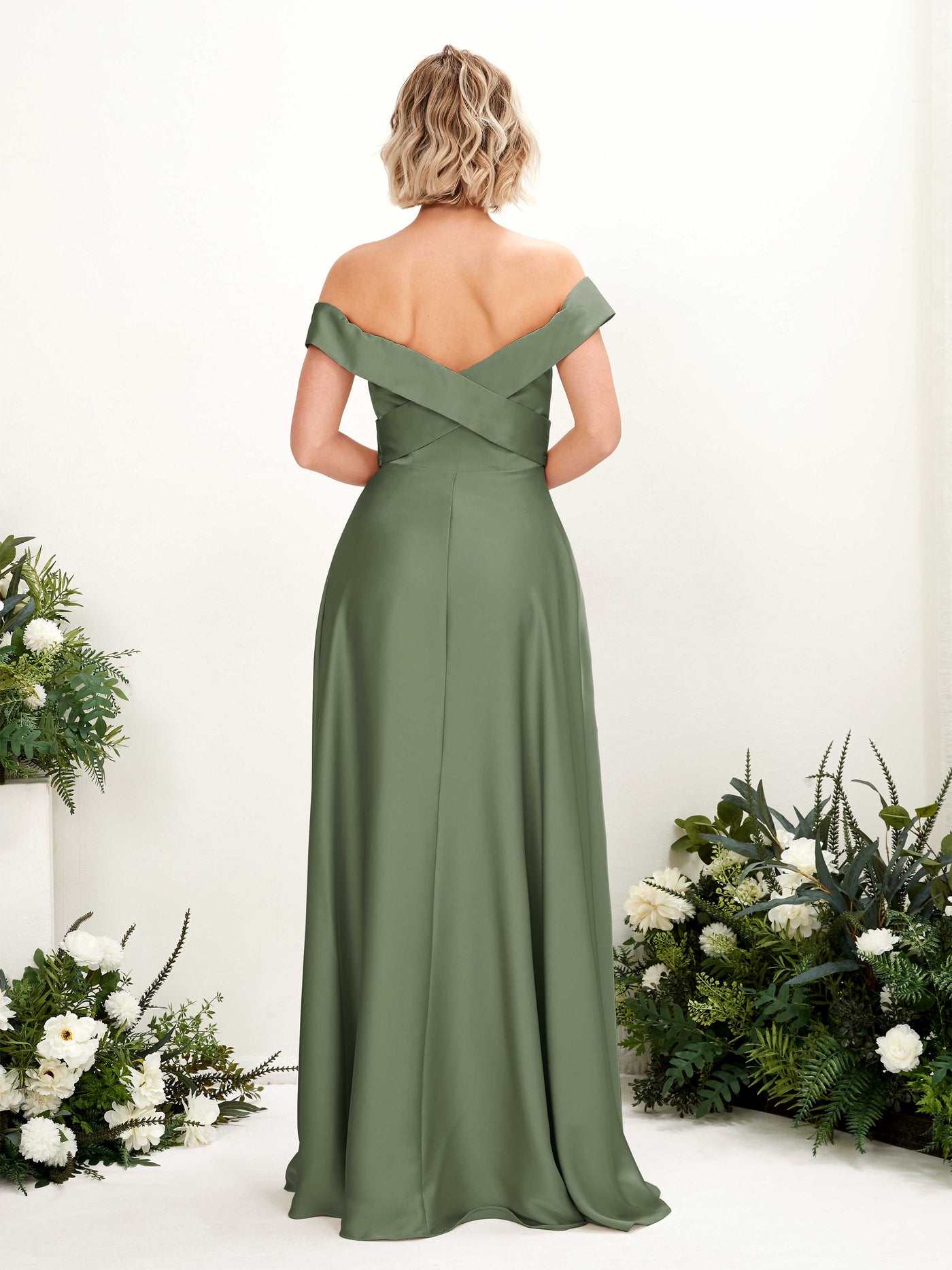 A-line Ball Gown Off Shoulder Sweetheart Satin Bridesmaid Dress - Green Olive (80224270)#color_green-olive