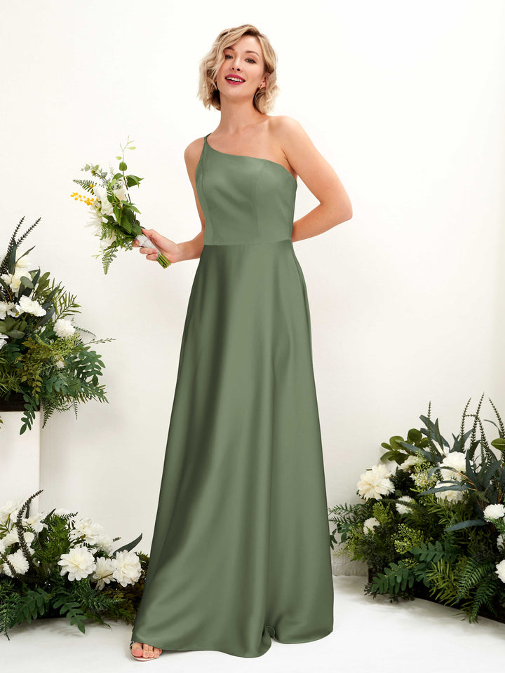 A-line Ball Gown One Shoulder Sleeveless Satin Bridesmaid Dress - Green Olive (80224770)